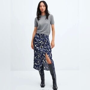 NWT Mango Blue and White Knot Print Midi Skirt Size M